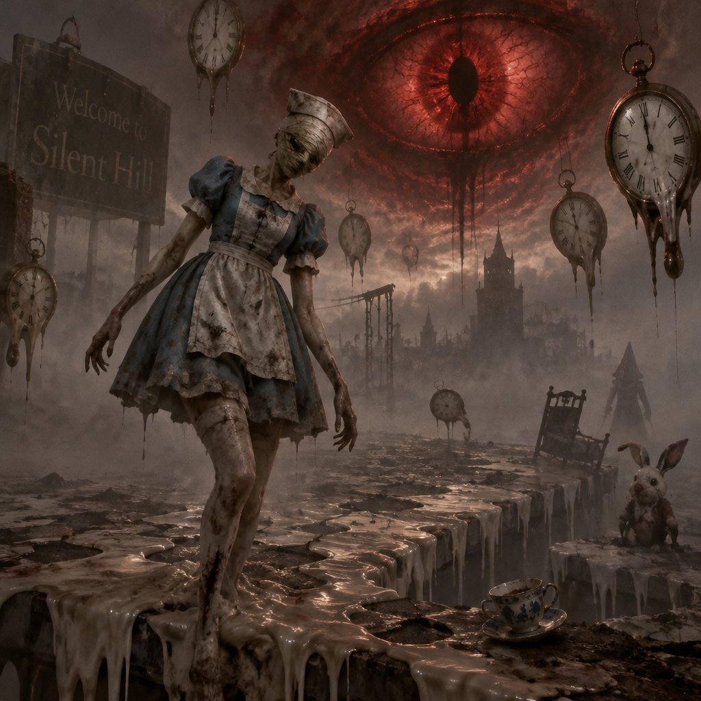 Silent hill with the nurse from the silent hill movie but in Alice’s dress from Alice in wonderland