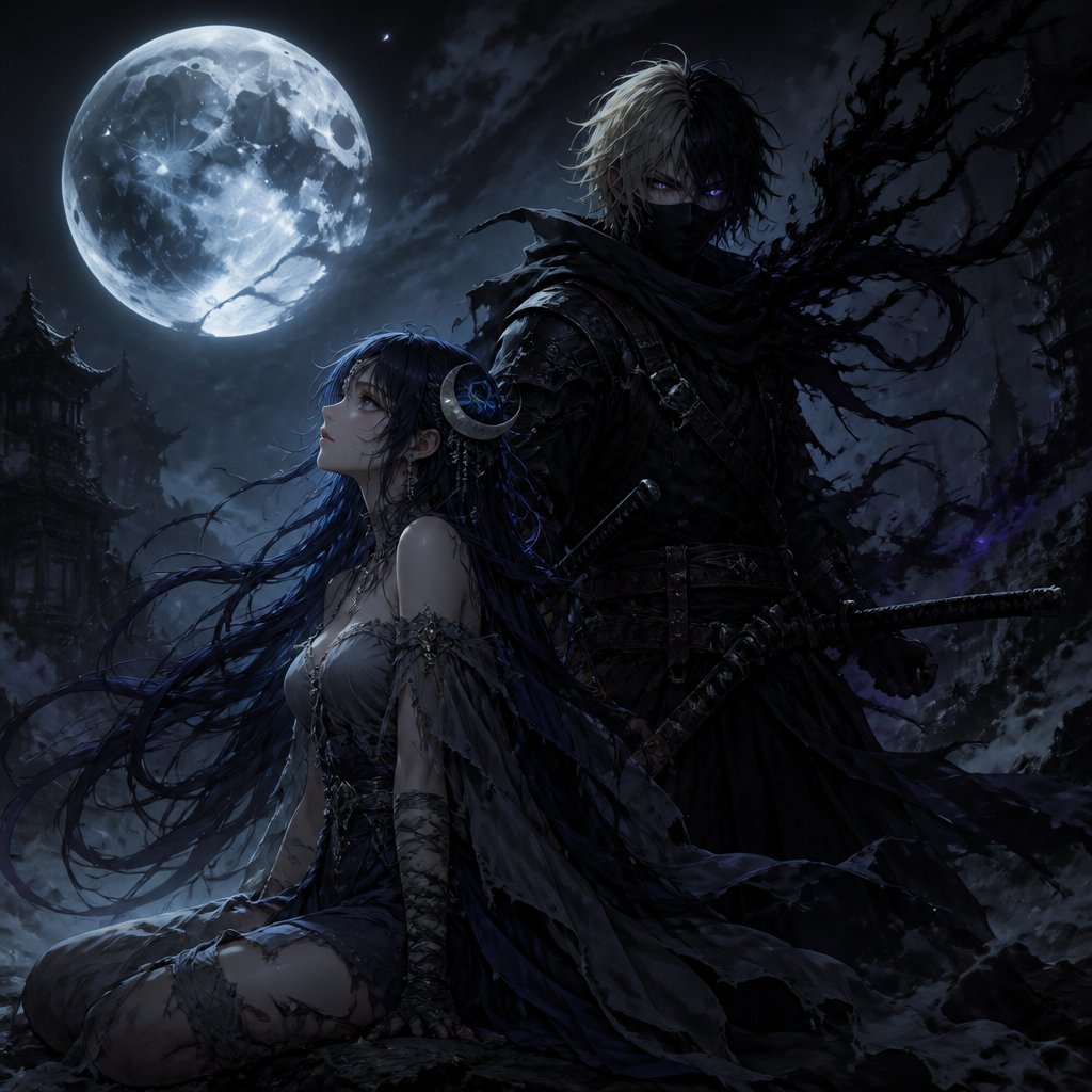 moon girl with long bob blue hair and half blonde black black hair man ninja