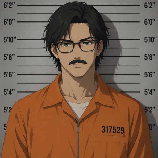 Male, green eyes, mustache, neck length black hair, neat hair, black glasses, wearing orange jumpsuits getting his mugshots taken, cinematic 