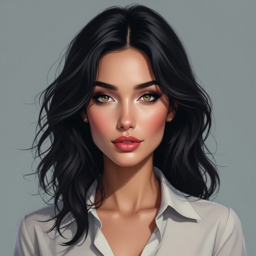 Show character head to toe. Create a mid age mysterious woman jet-black hair is cut sharpand her eyes seem to pierce through darkness. A shadowy aura clings to her form,