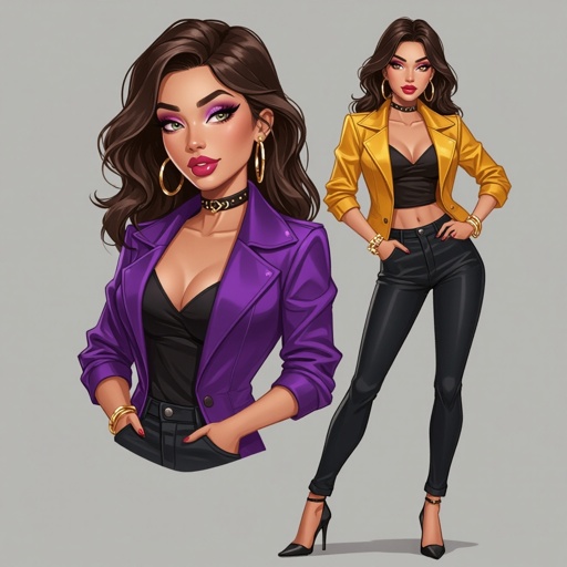 Create a character lady who has attitude but is funny looking but about fashion and loves lipgloss