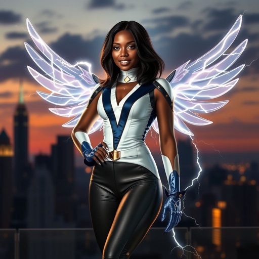 African American female superhero with shoulder length hair in a side part style and wings made of white lightning wearing a slightly homemade white blue and black suit with black pants with a stylized V as her chest emblem wearing blue flat boots made of gold standing in Philadelphia at dusk