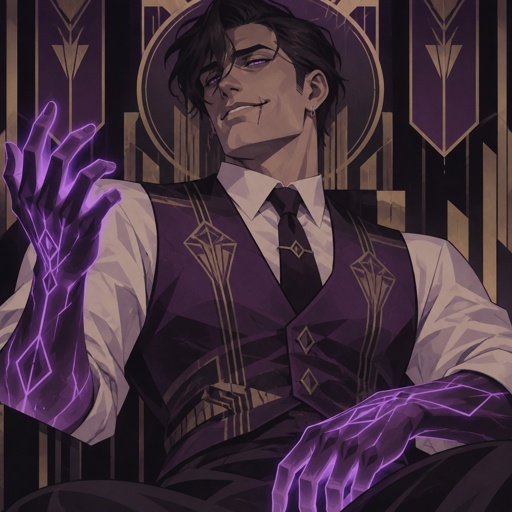 Male, black messy hair, side bangs, scar on lip, ear piercing ring, mid 40s, glowing purple hands, purple glowing veins, smiling, bad guy, purple vest, white shirt