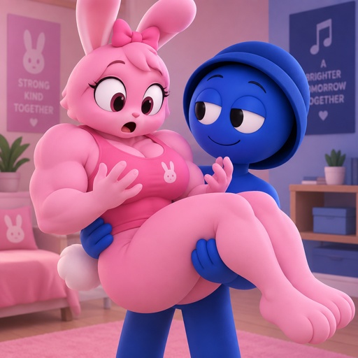 Pinki from Sprunki in Jevin From Sprunkis arms as her kind Wererabbit self noticing that she’s getting bigger and stronger 