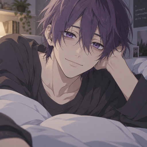 Male, thin, purple hair, loving, tired