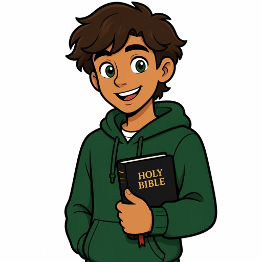 15 male tan with droopy brown hair green eyes holding a bible