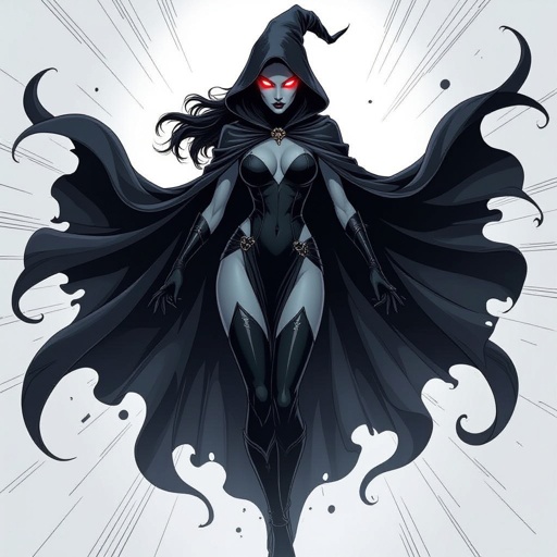 sexy shadow demon witch slate grey skin large black billowing cloak that emits darkness and shadow