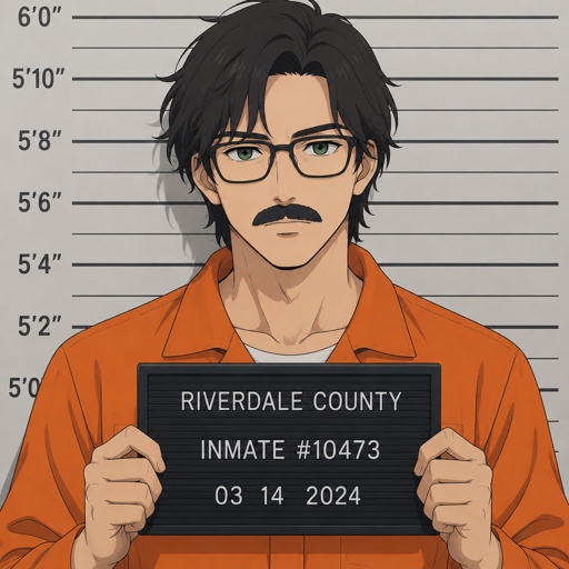 Male, green eyes, mustache, neck length black hair, neat hair, black glasses, wearing orange jumpsuits getting his mugshots taken, holding placard, cinematic 