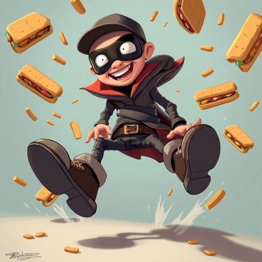 Create a funny looking clumsy thief with funny shoes on. Make him have on the bandit black thing around his eyes. And wanted for stealing sandwiches 