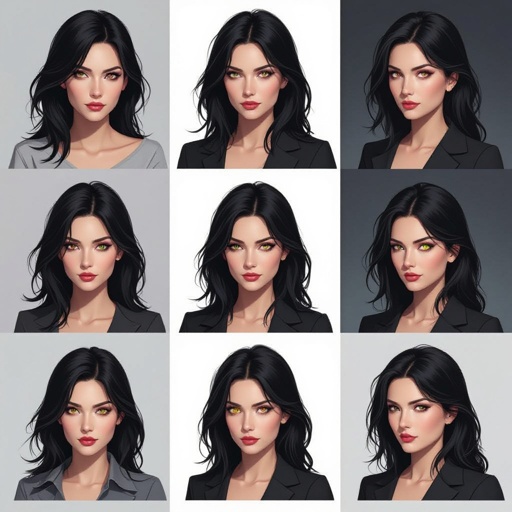 Show character head to toe. Create a mid age mysterious woman jet-black hair is cut sharpand her eyes seem to pierce through darkness. A shadowy aura clings to her form,