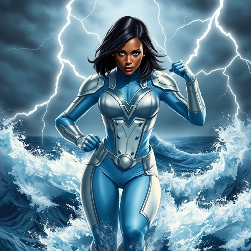 African American female superhero with hair in a shoulder length side part hairstyle with pure Gold eyes wearing a leather slightly armored light blue white and silver suit with light blue pants and silver boots and a V as her chest emblem controlling a storm in the Pacific Ocean