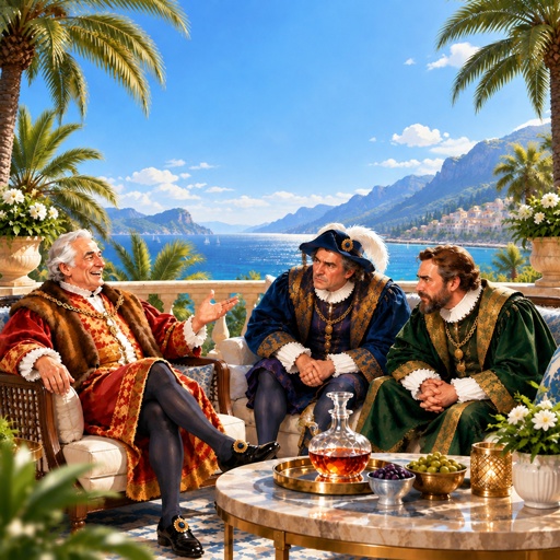a painting of three men sitting on a couch talking