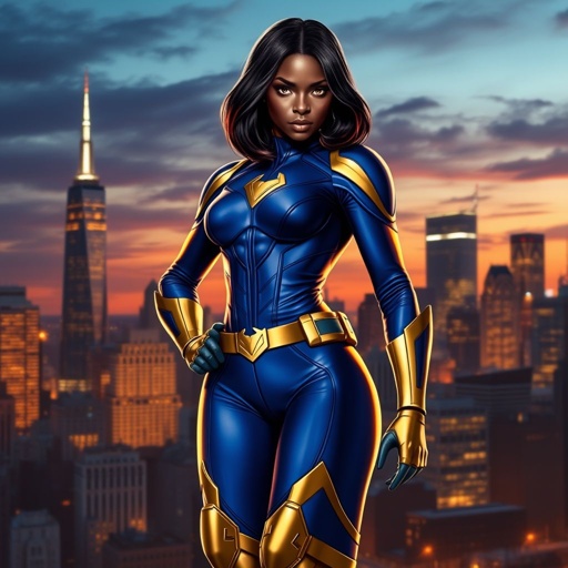 African American female superhero with hair in a shoulder length side part hairstyle with pure Gold Glowing eyes wearing slightly armored royal blue and gold accented suit with royal blue pants and gold knee length boots with a utility belt with a gold V as her chest emblem in Philadelphia