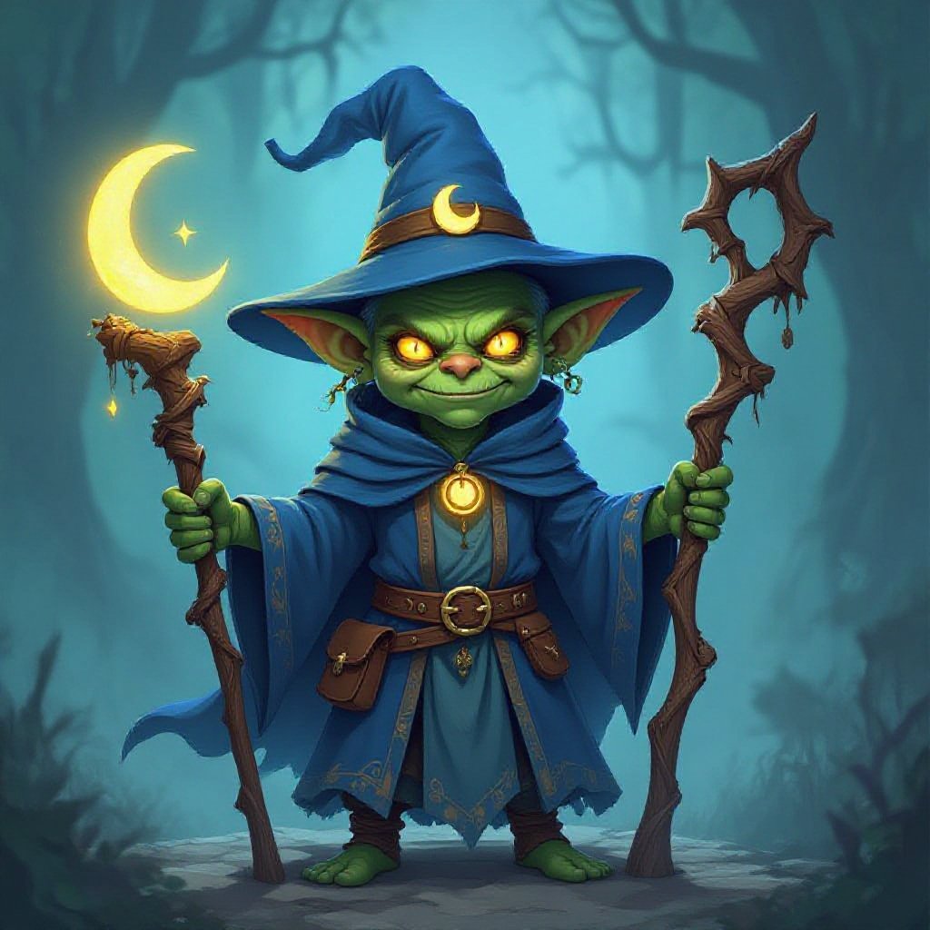 A Goblin mage with a blue cloak and a pointy wizard hat with a yellow crescent moon on the robe and hat
