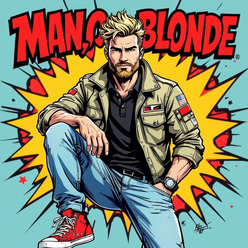 man with Dirty Blonde Unkempt Hair and Goatee. Astronaut Flight Jacket Black And White Polo and Light blue denim jeans with red sneakers