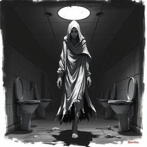 Create this background hall inside was dim, paint peeling in sheets. A metal door led to the cell block. Six cells, all empty. A cracked toilet in each. Rusty bunks, stale air, dust everywhere. No character just background