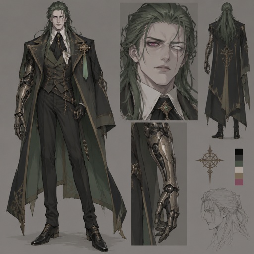 Male,green long brushed back hair,one pink eye the other eye is blind,pale skin,fancy, robotic arm