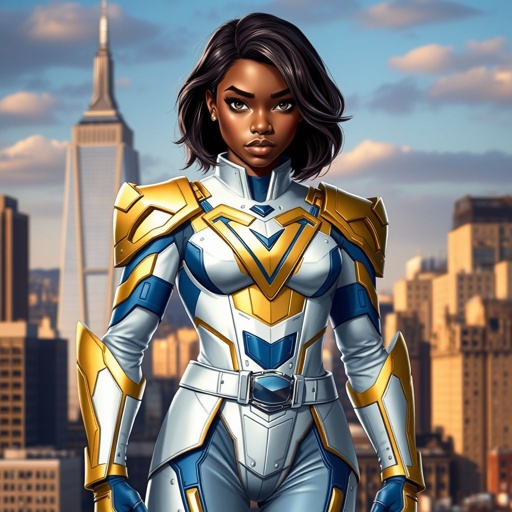 A teenage African American female superhero with slightly curly hair in a shoulder length side part style wearing a armored white and Gold suit with blue accents and a stylized V as her chest emblem a utility belt and gold boots standing in Philadelphia