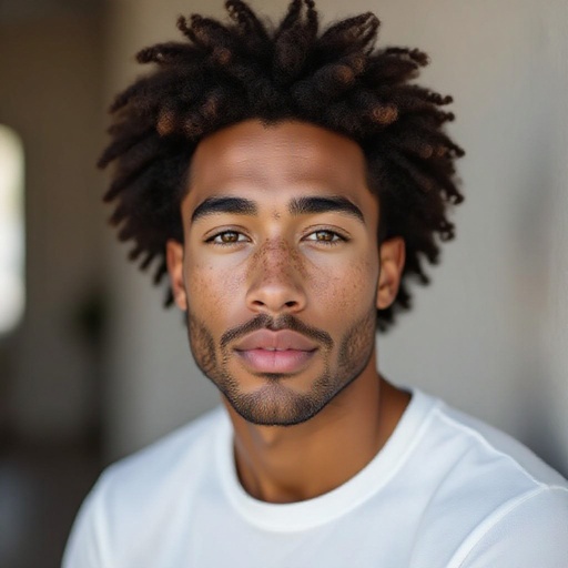 Mixed guy with freckles big Afro 