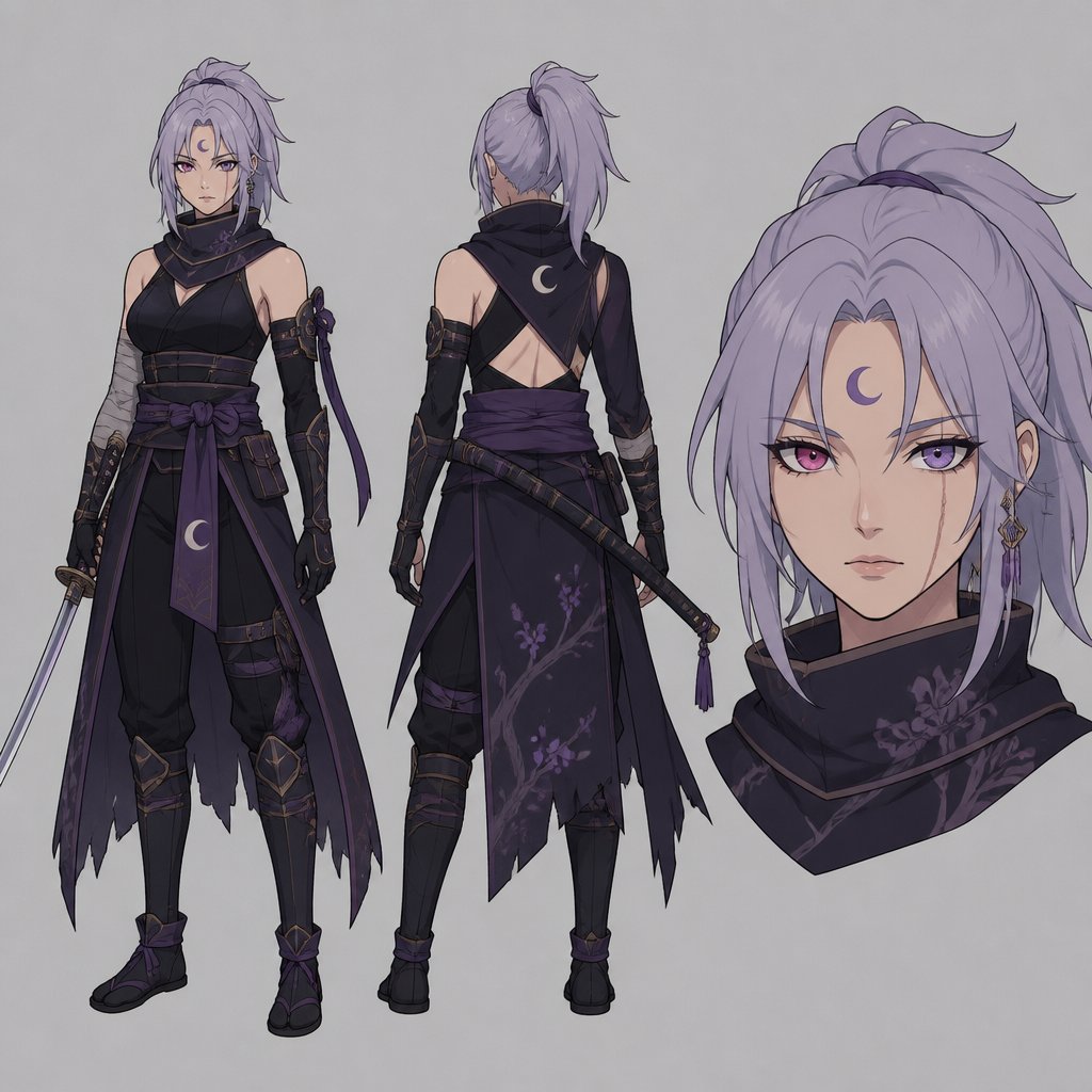 female assassin with light purple haired moon mark katana one scar purple moon eye one pink