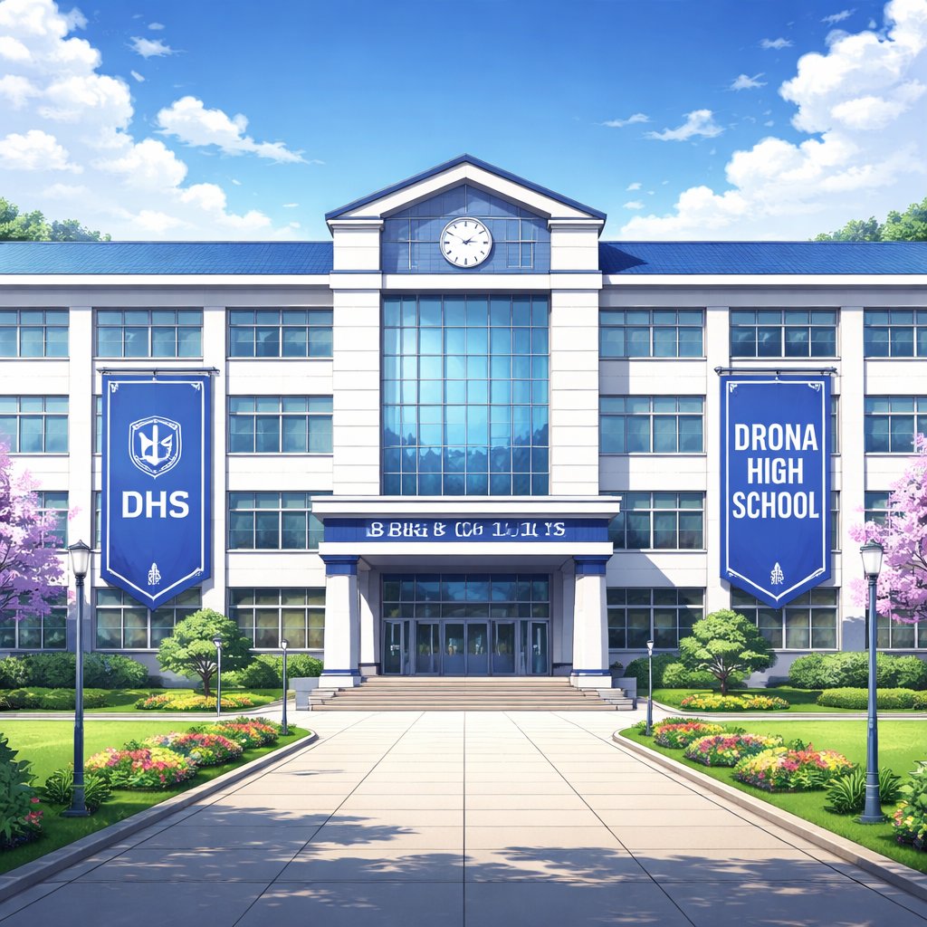 A large school building that is three stories tall. It has two blue banners saying “DHS” and on the front it says Drona High School. And it has a blue and white color scheme.