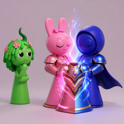 Vineria from Sprunki watching Pinki from Sprunki as Elita One merged with Jevin from Sprunki upgrading the twos shared armour to be more powerful and more durable 