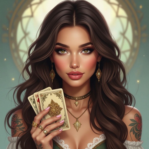 Kobieta człowiek.Brązowe długie włosy, brązowe oczy, pełne usta, delikatny makijaż, tatuaże. Pyzata twarz. Tarot