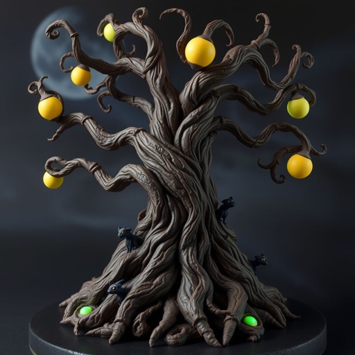 Give me a image of a fantasy dark magic tree, with roots in the bottom