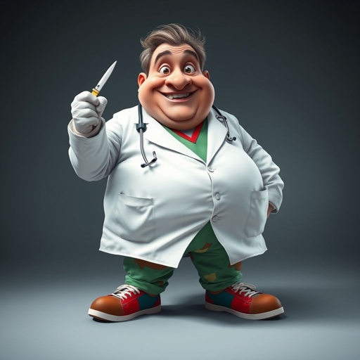 .. create a fat doctor. Who is funny human looking from head to toe. And he always immediately results to surgery for anything even small things. So please be sure to show his whole outfit head to toe. Make him have 1 tooth. Make it more adult humor instead of cartoon humor.