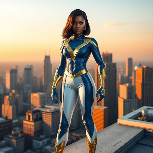 A young African American female superhero with shoulder length hair in a side part style wearing a blue and white suit made of a leather like spandex material with gold accents with white pants and gold boots with a stylized V as her chest emblem standing ona roof in a Philadelphia at dawn