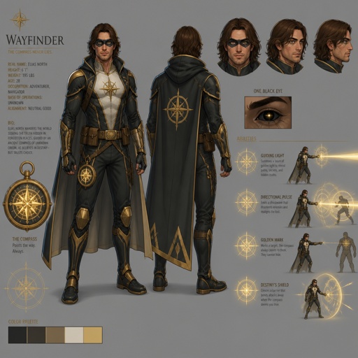 Male superhero with gold abilities, shoulder length brown hair, mask, one black eye, compass, multiple of the same character 