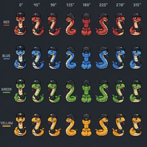 Animal snake for a fantasy game set in modern times, top-down style, 360, different colors