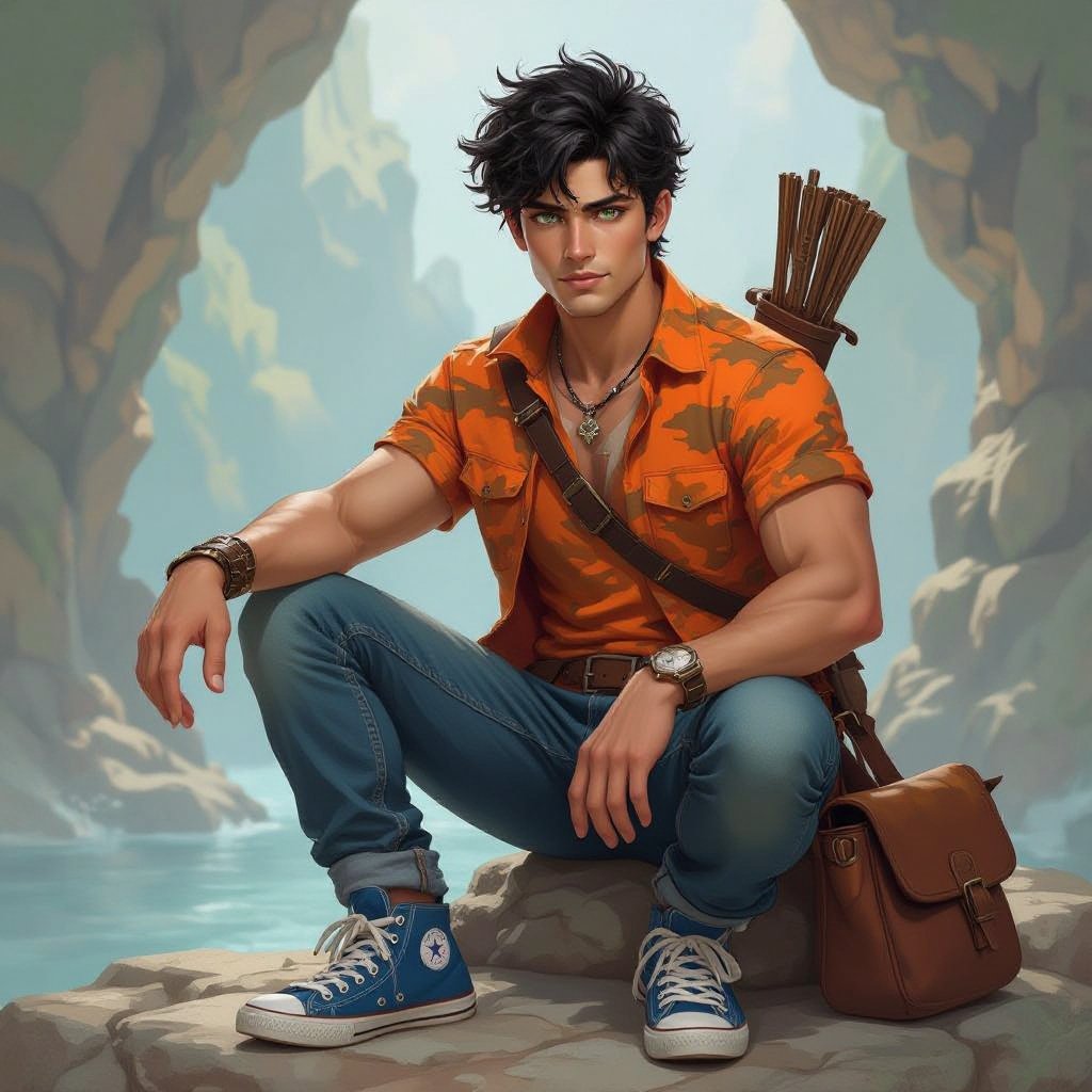 A 20 year old guy with jet black short messy hair, sea green eyes, a Mediterranean complexion, with a lean muscular figure wearing a orange camo half blood shirt and blue jeans with blue converse shoes