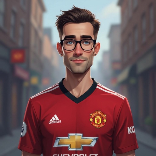 Mężczyzna o krótkich, ciemnobrązowych, włosach. bez zarostu.  niebieskie oczy. Ubrany w koszulkę piłkarską manchaster united. Duże okulary z szerokimi oprawkami. Podłużna twarz. Bardzo wysokie czoło. Zakola. Wąskie usta, Brwi opadające na końcach. Przymknięte oczy. Bez kolczyków