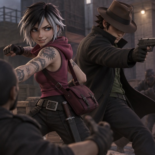 Female, jagged hair cut, neck length, black and white hair, two lip piercings, blue eyes, magenta sleeveless hoodie, dark magenta satchel, belt with knife attached, gloves, tattoos on both arms, smirk, Male, brown fedora with green around it that covers eyes, black back hair spiky, black trench coat with upturned collar, green shirt, holding gun, fighting