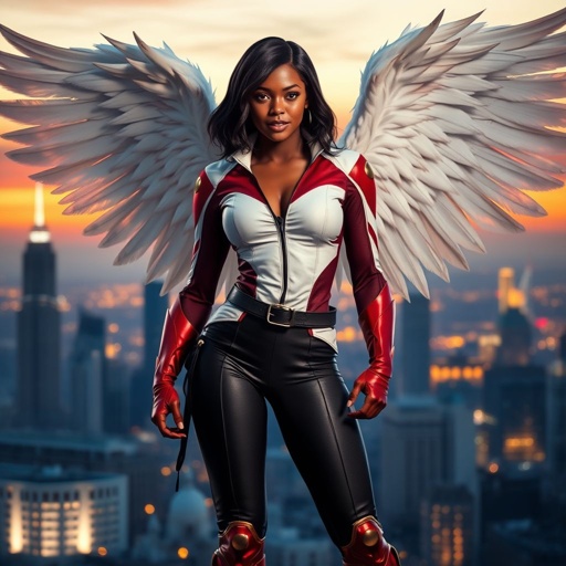 African American female superhero with shoulder length hair in a side part style and wings made of white fire  wearing a slightly homemade  white red and black suit with black pants with a stylized V as her chest emblem wearing red flat boots made of gold standing in Philadelphia at dusk