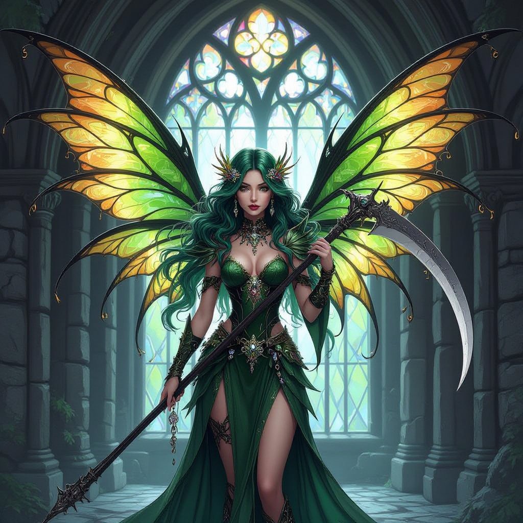 Dark fairy with big fairy wings, wavy hair with green highlights, lots of jewelry, holding scythe