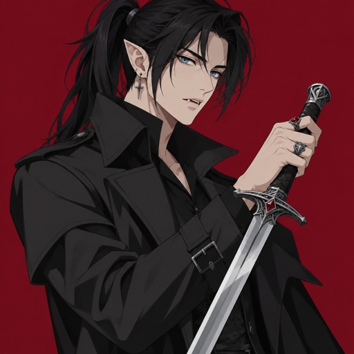 Male, Asian, black ponytail with side bangs on one side, blue eyes, trench coat, vampire, ear piercing, rings, pointy ears, sword 