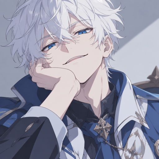 Male, fluffy white hair, big blue eyes, long smile, snobby, wears blue, whiny,