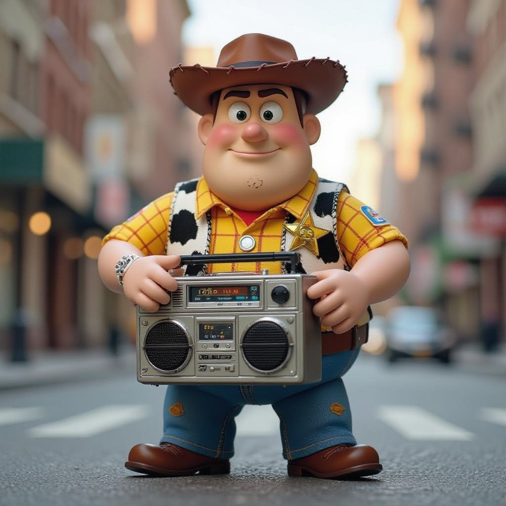 Create a funny fat guy who isnt friendly from New York  has a boom box radio , make it Toy Story graphics  