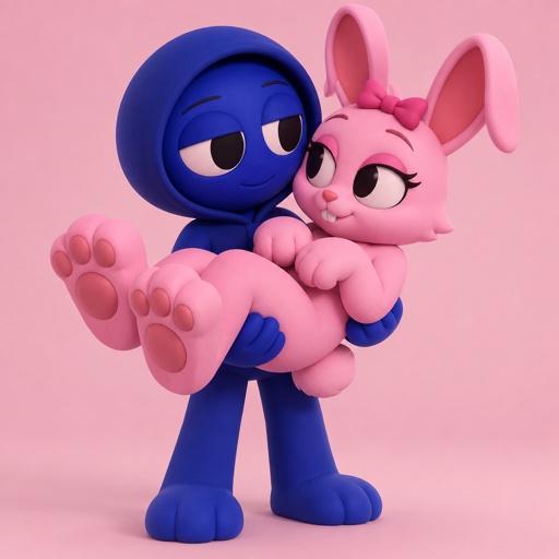 Pinki from Sprunki as her wererabbit self in Jevin from Sprunkis arms with her hands and feet being the stronger paws of her Wererabbit form