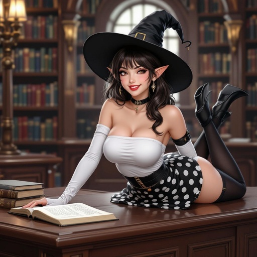 Tight Black and White Polka Dot Miniskirt Elf Witch Librarian with Brunette Hair. Tight white tube top and witches hat. Laying on top a library counter. She winks 