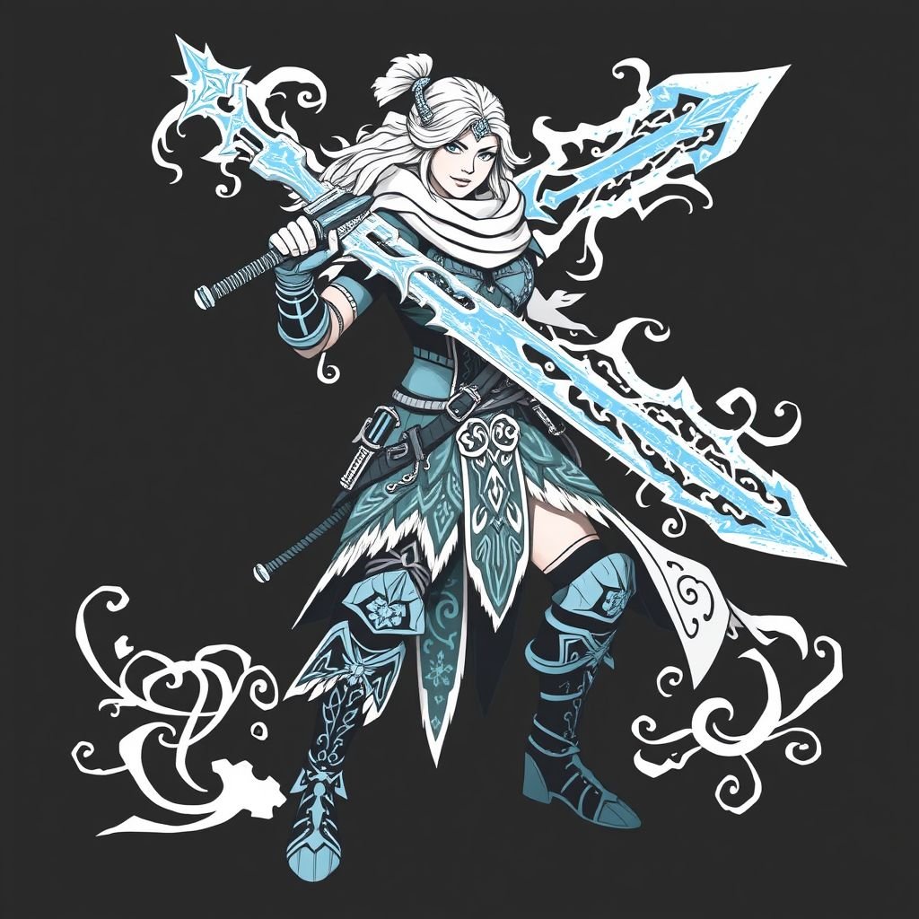 Create a battle woman hero called Alvara the Frostheart. Show full body head to toe including shoes