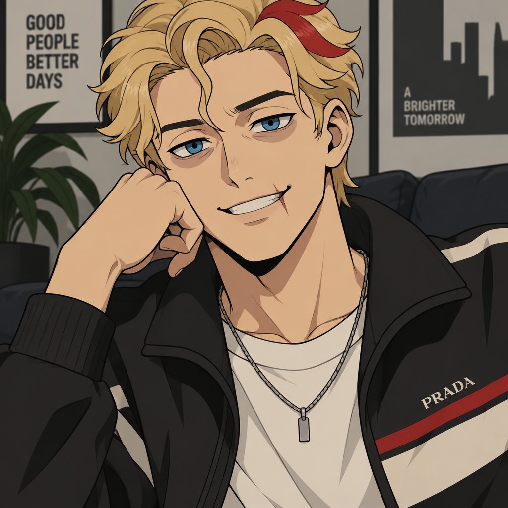 Male, blonde smooth near hair curl on forehead, red streak in hair, scar on lip, blue eyes, eye bags, happy, designer, casual clothes
