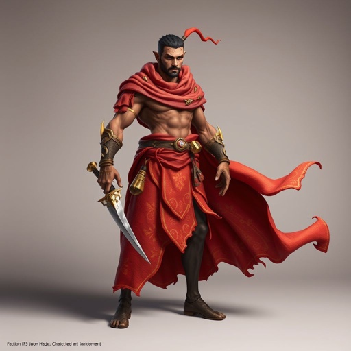 Create handsome hero  Rhen the Fire – A lean, muscular man. He wears layered, flowing desert robes dyed in warm reds and golds, with scorch marks where flames have licked them. A curved blade hangs at his hip.  Show whole body head to toe including her shoes.