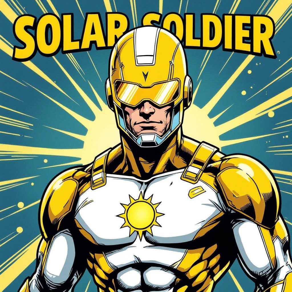 SOLAR SOLDIER. Blinding yellow and white bodysuit. Helmet with Visor. Insignia is scientific symbol of the Sun