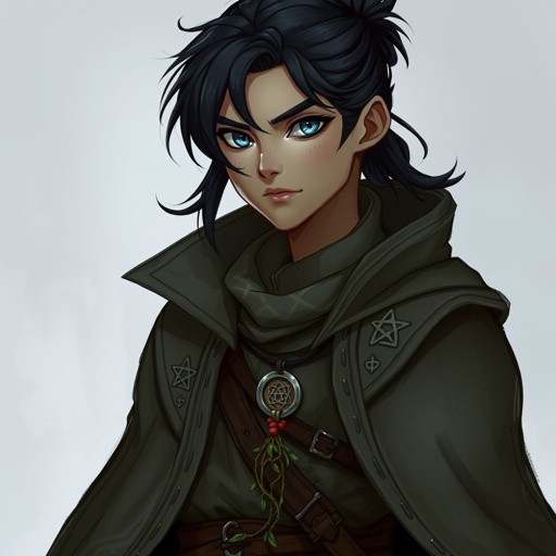 Tall, lean build with striking storm-grey eyes. Dark hair often loosely tied. Wears practical, well-worn clothes beneath a long coat lined with subtle sigils and thorn-stitch embroidery. Always carries a curved blade and a charm of woven vine.