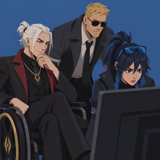 Kado Thorne from Fortnite medium length white back hair bun pale skin, in a wheelchair, jones from Fortnite stubble and sunglasses, hope from Fortnite all looking at a screen
