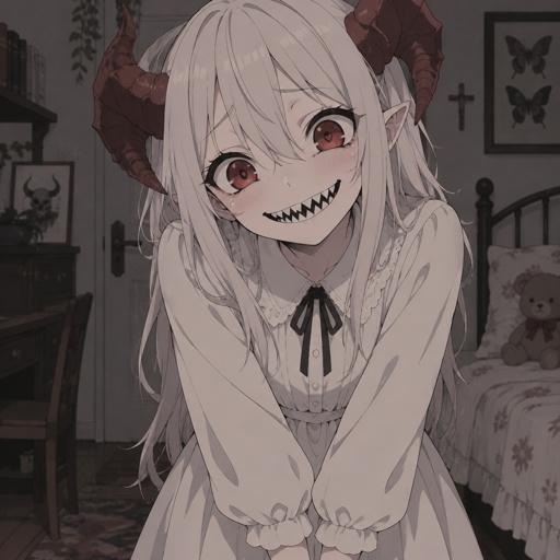 Monster girl, scary, trying to look friendly, modestly dressed 