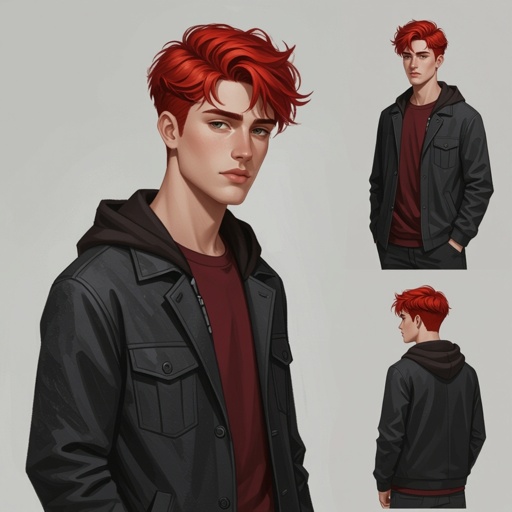 Male 18-year old dyed red hair dark grayish and red and black clothes  